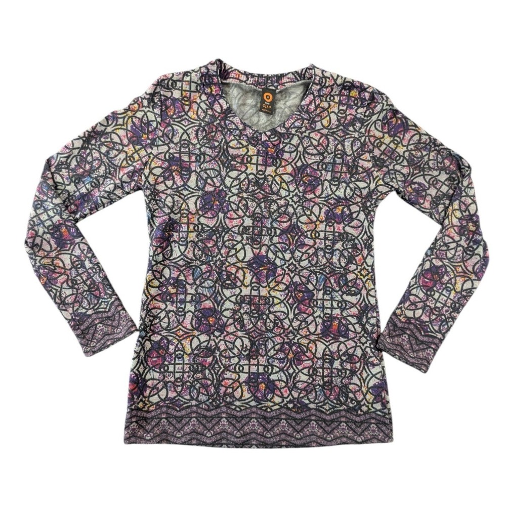 Ojai Women Small Purple Geometric Floral Print V-Neck Long Sleeve Top Polyester